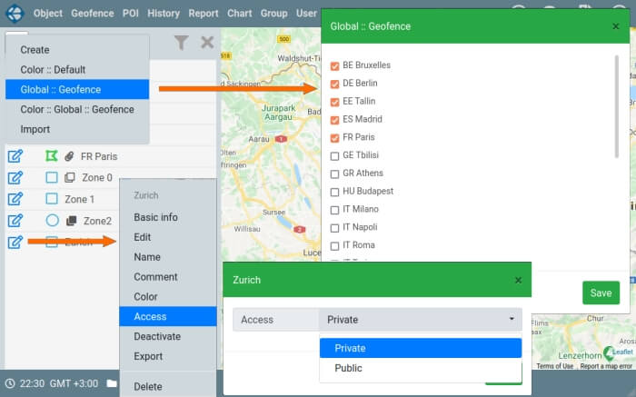 Setting visibility of geofences and global geofences 